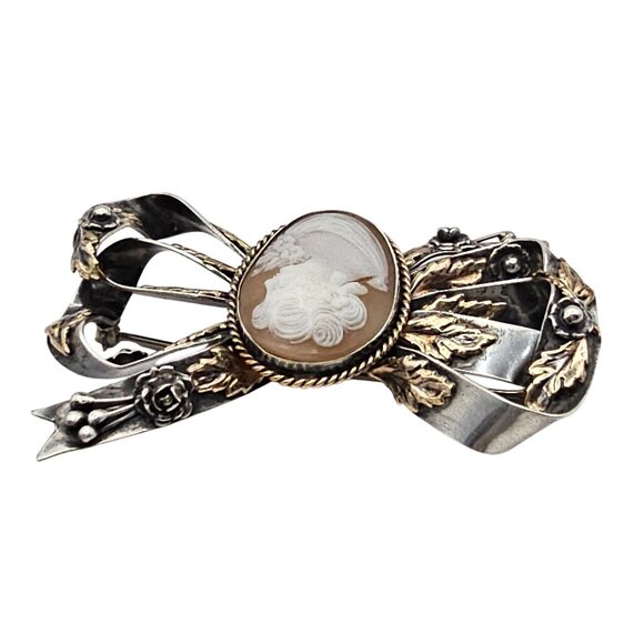 Vintage Hobe? Carved Shell Cameo Ribbon Brooch Sterling Silver 14K GF Tested - Picture 11 of 16